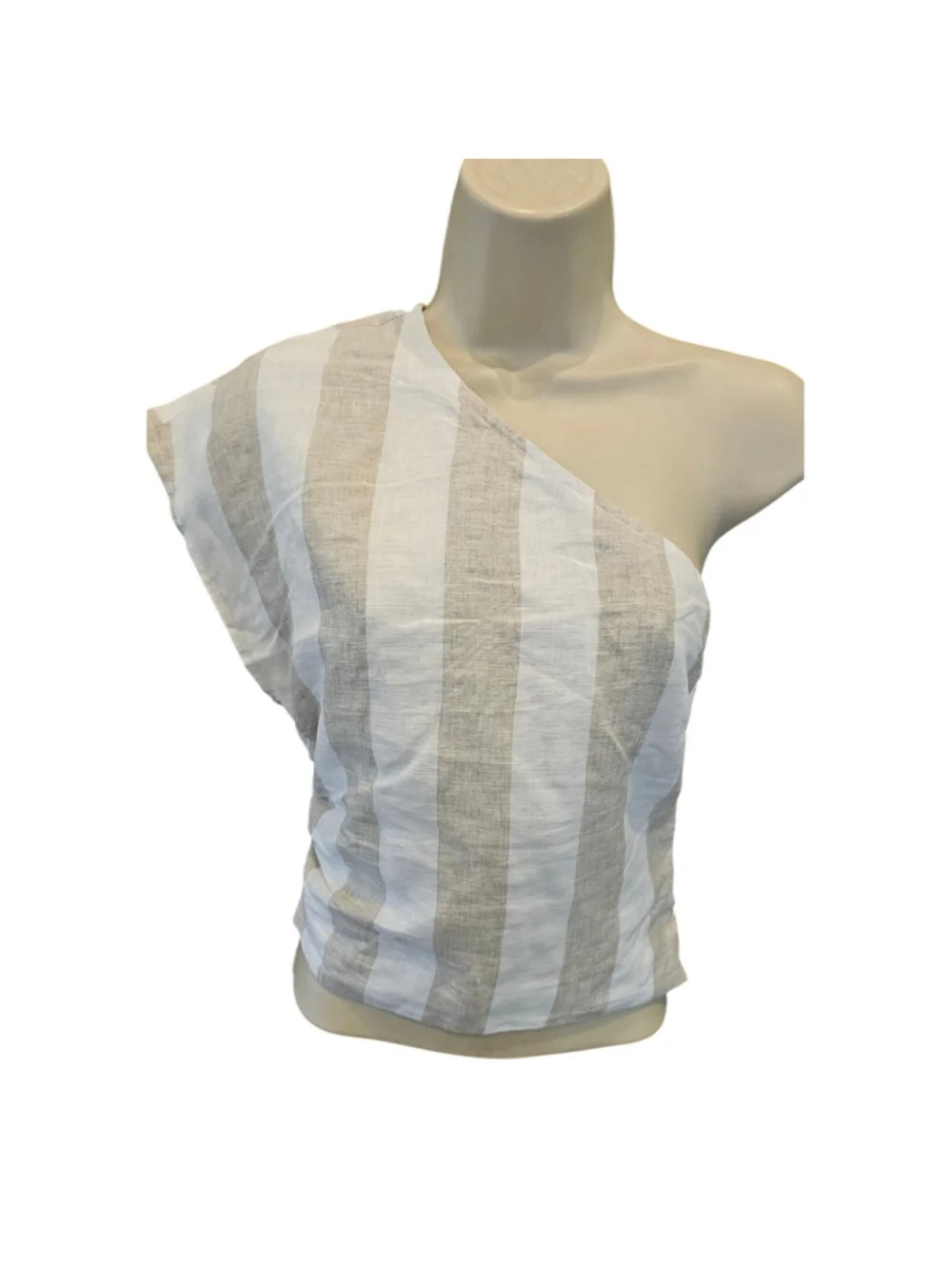 Olivaceous sz S neutral striped Linen sd zip one shoulder blouse EUC summer crop - Picture 4 of 11